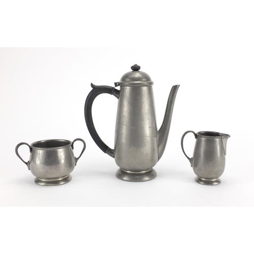 613 - Three piece Liberty & Co Tudric pewter tea set comprising coffee pot, milk jug and sugar bowl, numbe... 