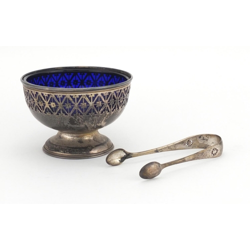 664 - Circular silver sugar bowl with pierced decoration, blue glass liner and matching sugar tongs, D & F... 