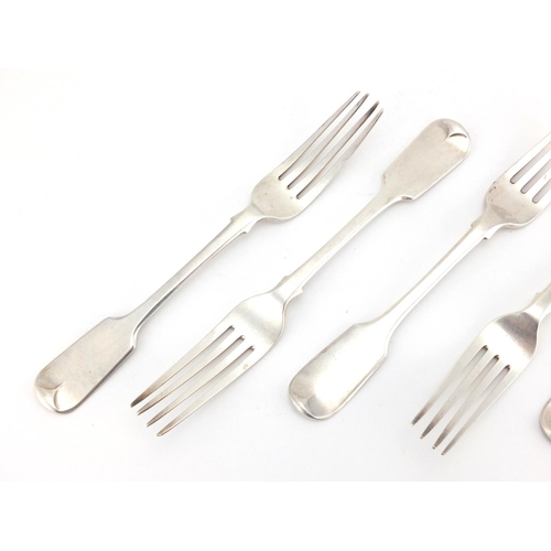 667 - Matched set of six Georgian silver table forks, R.B London 1833 and R.L H.L C.L London 1834, 21cm in... 