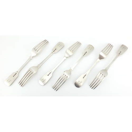 667 - Matched set of six Georgian silver table forks, R.B London 1833 and R.L H.L C.L London 1834, 21cm in... 