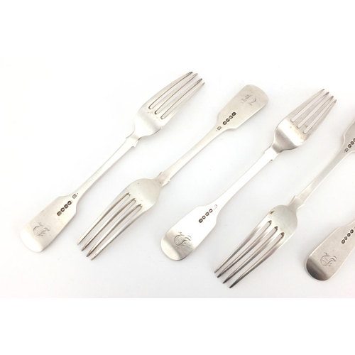 667 - Matched set of six Georgian silver table forks, R.B London 1833 and R.L H.L C.L London 1834, 21cm in... 