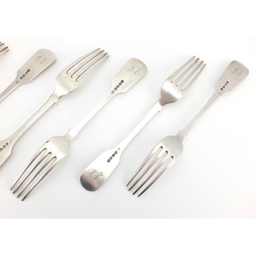 667 - Matched set of six Georgian silver table forks, R.B London 1833 and R.L H.L C.L London 1834, 21cm in... 