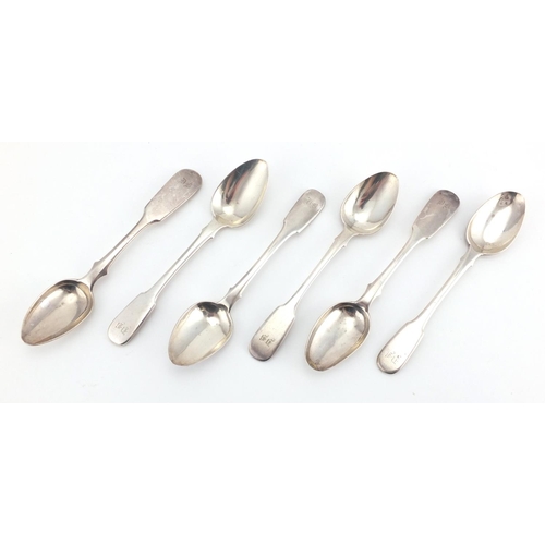 669 - Six Russian silver teaspoons, various 84 stamped marks, the largest 15cm in length, approximate weig... 