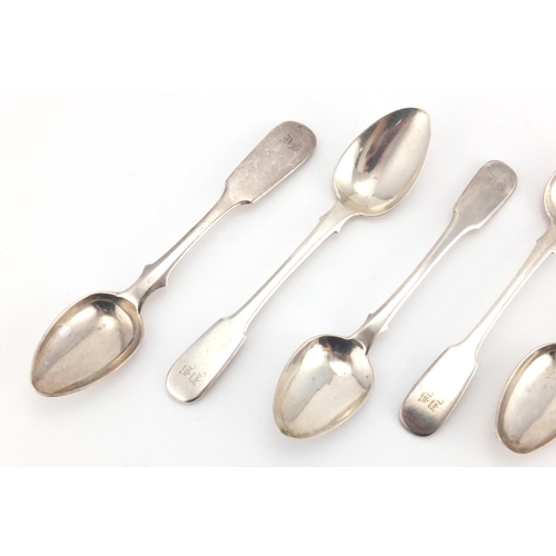 669 - Six Russian silver teaspoons, various 84 stamped marks, the largest 15cm in length, approximate weig... 