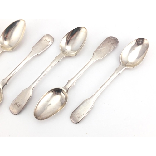 669 - Six Russian silver teaspoons, various 84 stamped marks, the largest 15cm in length, approximate weig... 