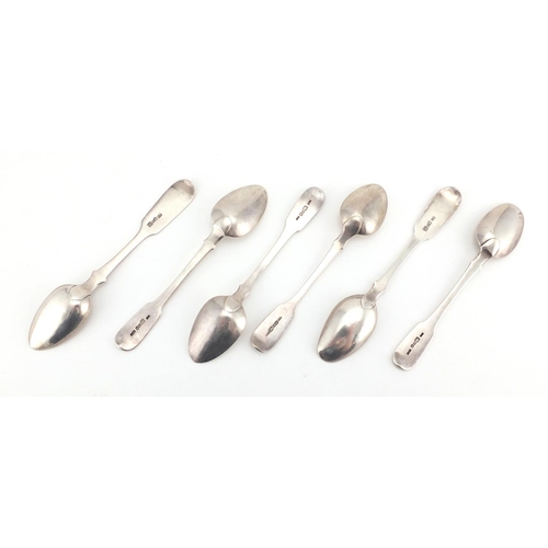 669 - Six Russian silver teaspoons, various 84 stamped marks, the largest 15cm in length, approximate weig... 