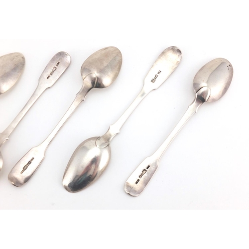 669 - Six Russian silver teaspoons, various 84 stamped marks, the largest 15cm in length, approximate weig... 