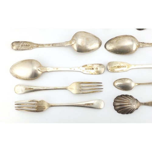 666 - Georgian and later silver flatware including tablespoons, set of forks and a caddy spoon with shell ... 