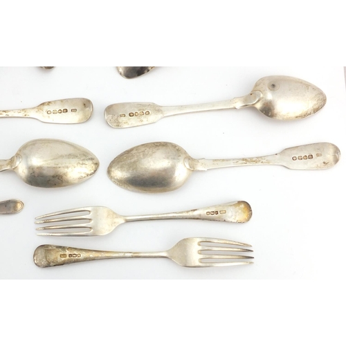 666 - Georgian and later silver flatware including tablespoons, set of forks and a caddy spoon with shell ... 