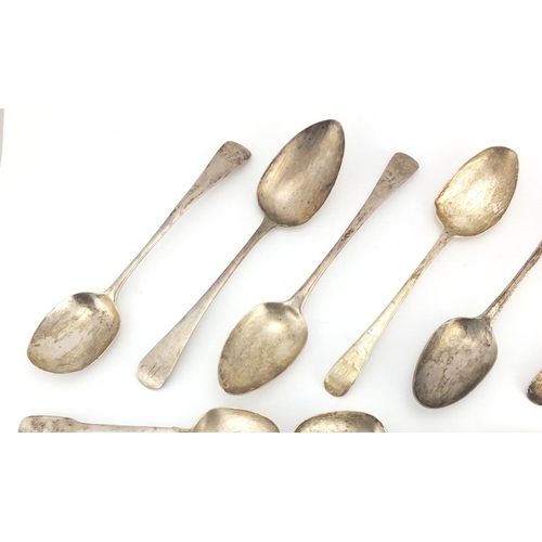 666 - Georgian and later silver flatware including tablespoons, set of forks and a caddy spoon with shell ... 