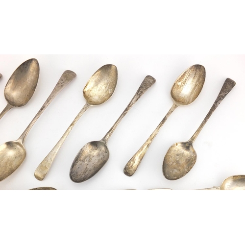 666 - Georgian and later silver flatware including tablespoons, set of forks and a caddy spoon with shell ... 