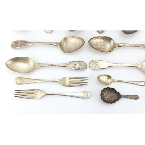 666 - Georgian and later silver flatware including tablespoons, set of forks and a caddy spoon with shell ... 