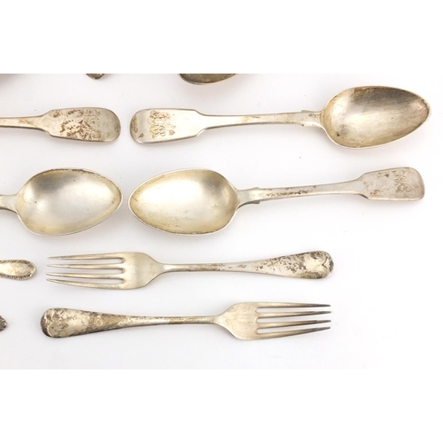 666 - Georgian and later silver flatware including tablespoons, set of forks and a caddy spoon with shell ... 