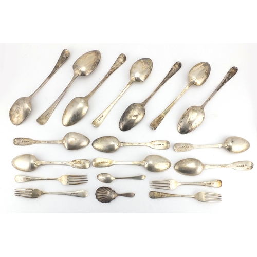 666 - Georgian and later silver flatware including tablespoons, set of forks and a caddy spoon with shell ... 