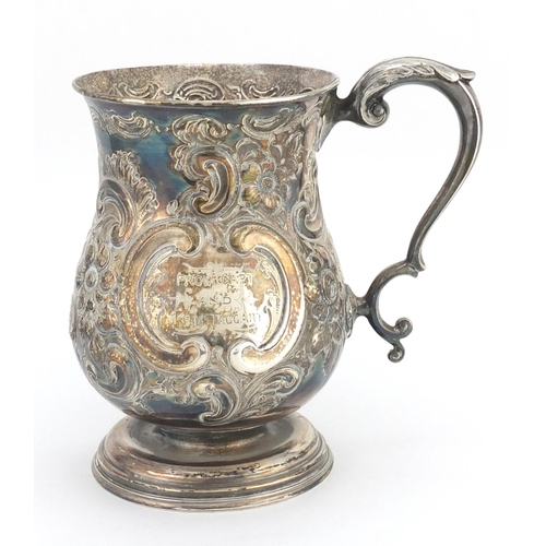 644 - Victorian silver tankard with embossed floral decoration, J.D & S Sheffield 1898, 13.5cm high, appro... 