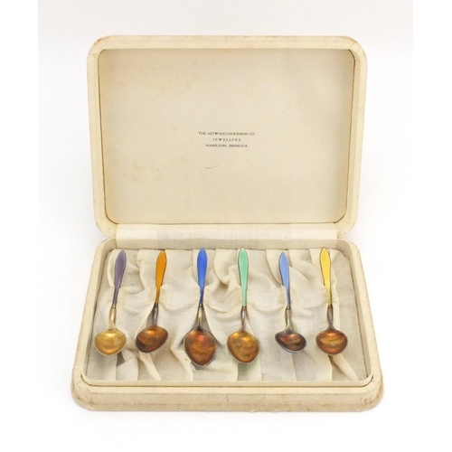 623 - Set of six silver and guilloche enamelled teaspoons, each stamped 925, housed in a Astwood-Dickinson... 