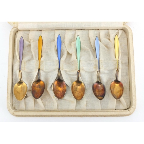 623 - Set of six silver and guilloche enamelled teaspoons, each stamped 925, housed in a Astwood-Dickinson... 