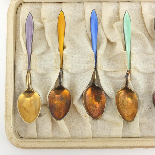 623 - Set of six silver and guilloche enamelled teaspoons, each stamped 925, housed in a Astwood-Dickinson... 