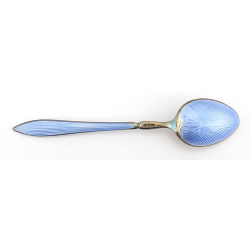 623 - Set of six silver and guilloche enamelled teaspoons, each stamped 925, housed in a Astwood-Dickinson... 