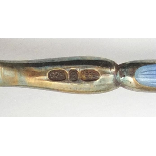 623 - Set of six silver and guilloche enamelled teaspoons, each stamped 925, housed in a Astwood-Dickinson... 