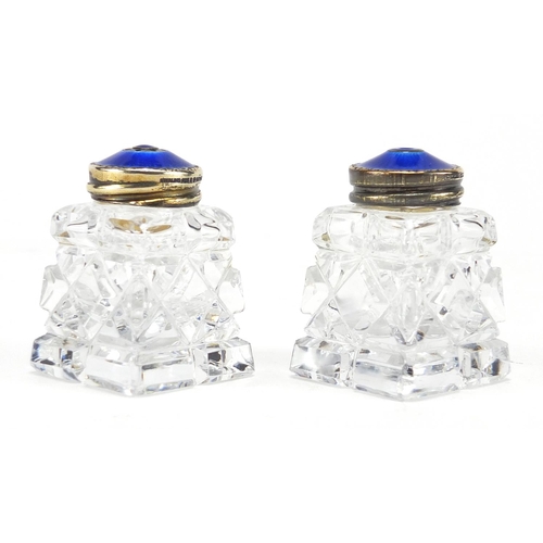 629 - Pair of Norwegian 925 sterling silver and enamel cut glass salt and peppers, each 4.5cm high