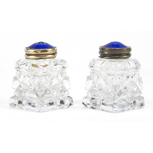 629 - Pair of Norwegian 925 sterling silver and enamel cut glass salt and peppers, each 4.5cm high