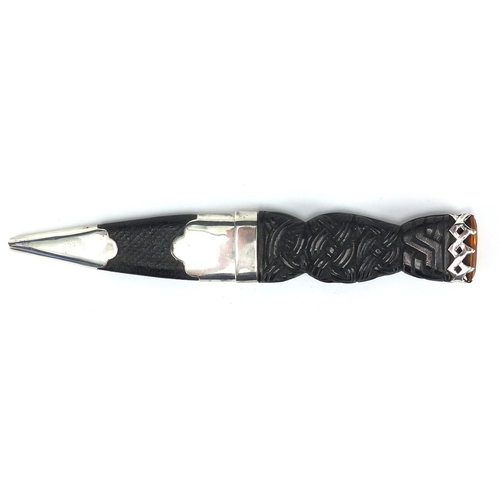 97 - Scottish silver mounted Skean Dhu with basket weave design grip and citrine stone end, the silver mo... 