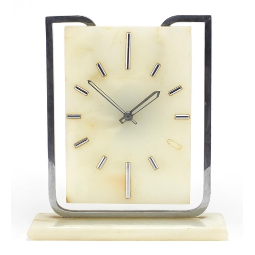 602 - Art Deco onyx and chrome mantel clock with eight day Swiss movement, 30cm high