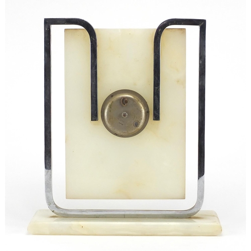 602 - Art Deco onyx and chrome mantel clock with eight day Swiss movement, 30cm high