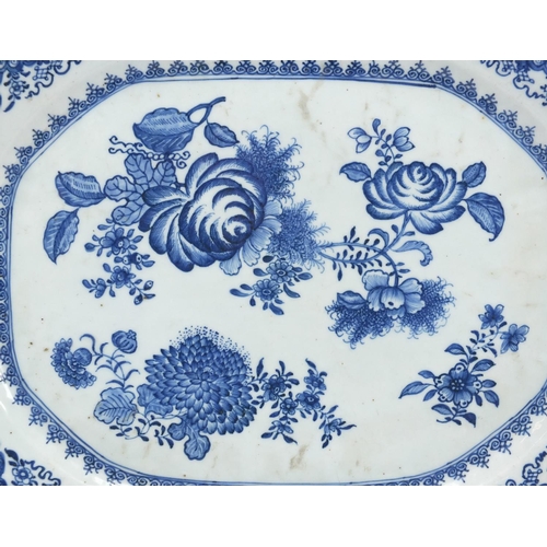 376 - 18th century Chinese blue and white porcelain meat platter, hand painted with flowers and scrolling ... 