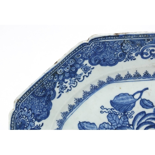 376 - 18th century Chinese blue and white porcelain meat platter, hand painted with flowers and scrolling ... 