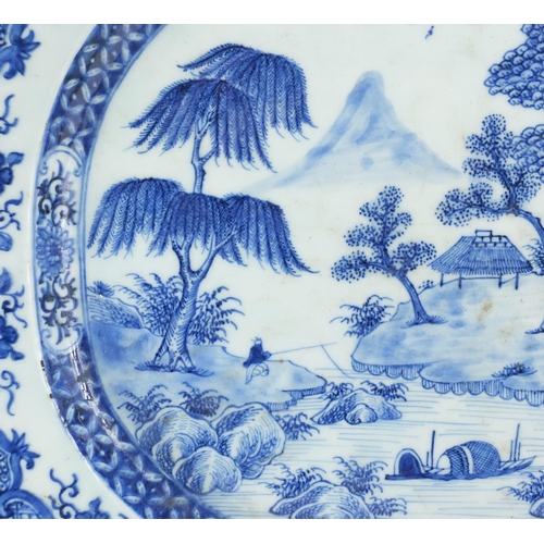 371 - 18th century Chinese blue and white porcelain meat platter, hand painted with figures in a river lan... 