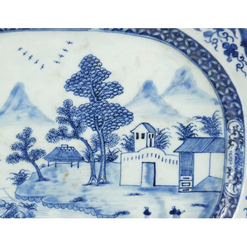 371 - 18th century Chinese blue and white porcelain meat platter, hand painted with figures in a river lan... 