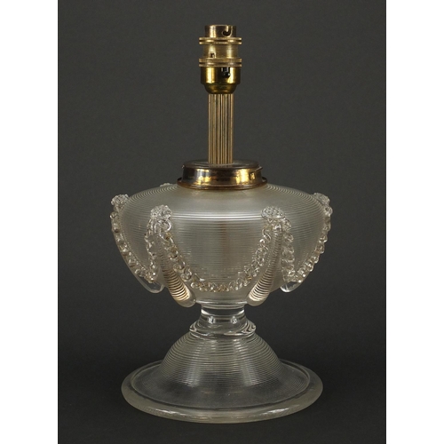 544 - Italian frilled clear glass lamp base, 29cm high