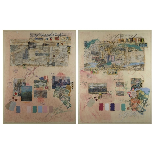 1089 - New York and London, pair of mixed media collages, both with indistinct signatures, framed, each 97c... 