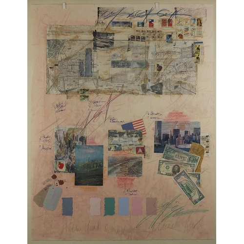 1089 - New York and London, pair of mixed media collages, both with indistinct signatures, framed, each 97c... 