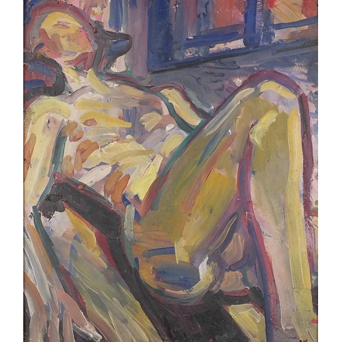 1001 - Reclining nude female, impressionist oil on board, framed, 38cm x 32.5cm