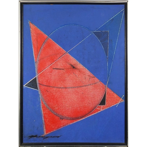 1054 - Abstract composition geometric shapes, mixed media on board, bearing an indistinct signature, framed... 