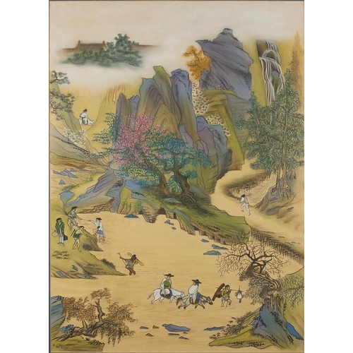 456 - Figures in a river landscape with cattle, Chinese pastel on paper, mounted and framed, 72cm x 52cm