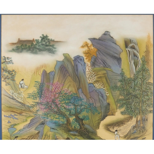 456 - Figures in a river landscape with cattle, Chinese pastel on paper, mounted and framed, 72cm x 52cm