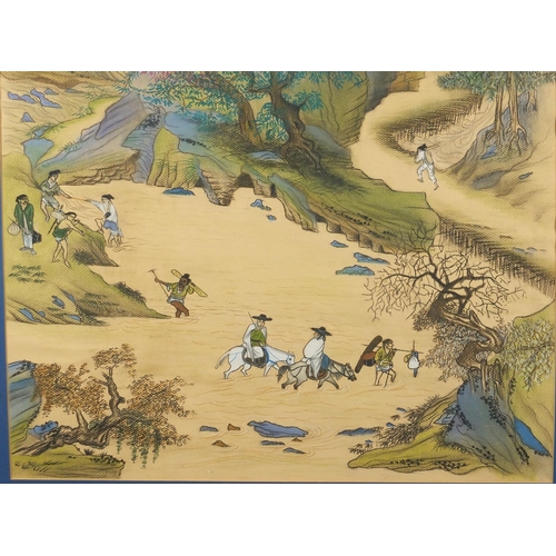 456 - Figures in a river landscape with cattle, Chinese pastel on paper, mounted and framed, 72cm x 52cm