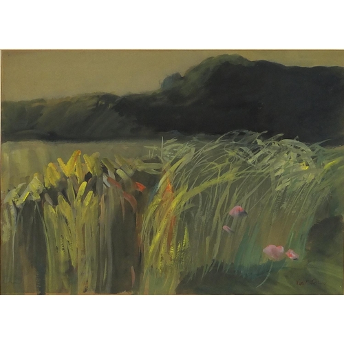 1025 - Violet Fuller - Cornfield and dark trees, watercolour on card, label verso, mounted and framed, 27.5... 