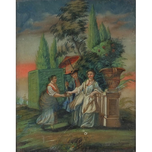 1104 - After Nicolas Lancret - Figures in a garden setting, oil on panel, framed, 28cm x 22.5cm