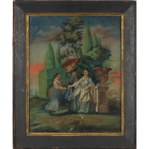 1104 - After Nicolas Lancret - Figures in a garden setting, oil on panel, framed, 28cm x 22.5cm