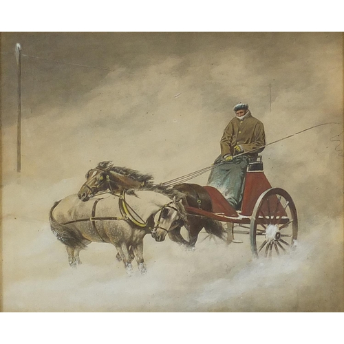 1021 - Figure in a horse drawn cart, snowy scene, 19th century heightened watercolour, inscribed label vers... 