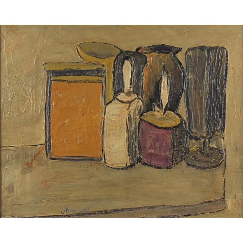 967 - Abstract composition, still life items on a table, oil on canvas, bearing an indistinct signature Ma... 