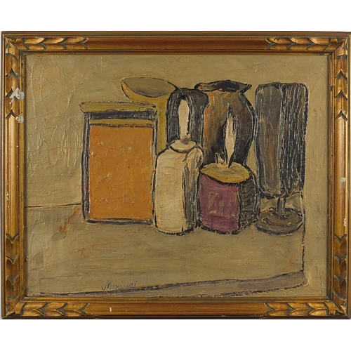 967 - Abstract composition, still life items on a table, oil on canvas, bearing an indistinct signature Ma... 