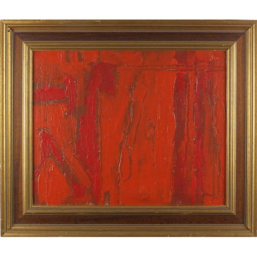 915 - Abstract composition, red monochrome oil on canvas, bearing a signature Bitran and inscription verso... 