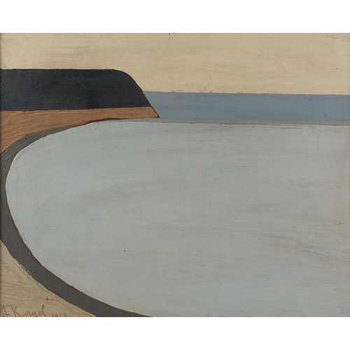 1003 - Abstract composition, coastal scene, oil on board, bearing a signature A Kangel, mounted and framed,... 