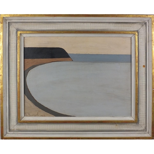 1003 - Abstract composition, coastal scene, oil on board, bearing a signature A Kangel, mounted and framed,... 